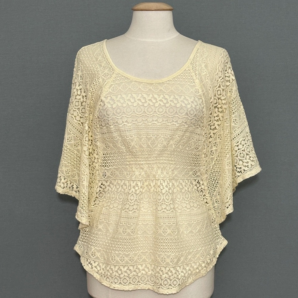 VTG Boho Romantic Womens Top M Ivory Lace Beachy Cottage Fairy Festival